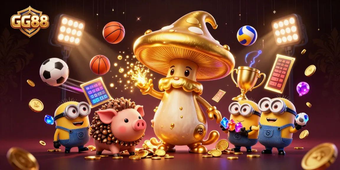 Win big at GG88 with vibrant fantasy elements and dynamic gaming action in a 3D illustration.