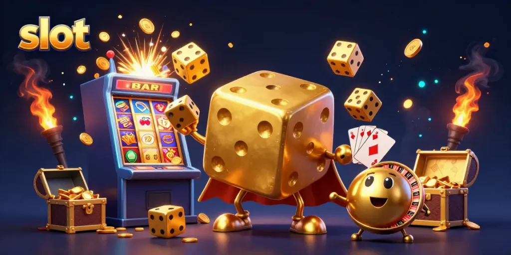 Experience vibrant slot action with a 3D golden dice golem, slot machine, and casino symbols.
