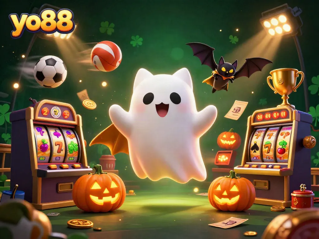 Engage with yo88's thrilling casino experience featuring a ghost cat and gaming elements.