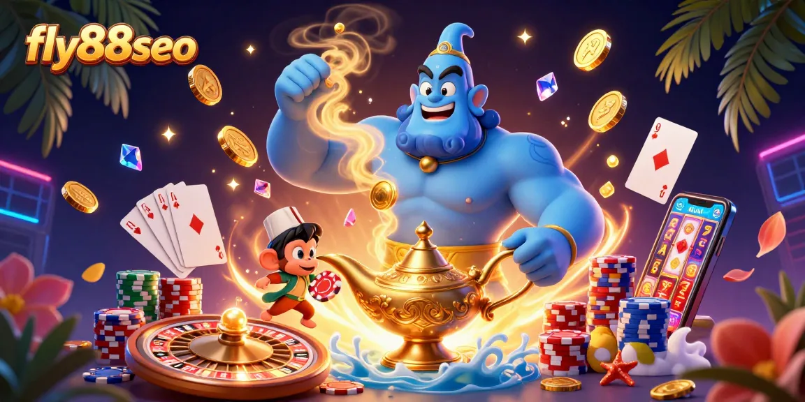 Engage in thrilling gambling action with fly88seo featuring a genie, monkey, and poker chips in a vibrant casino scene.