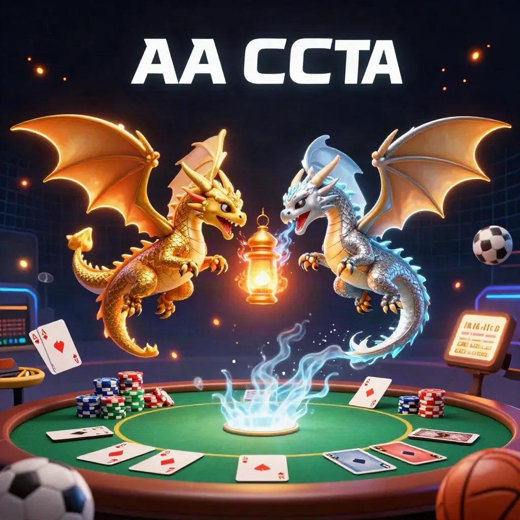 Twin gold and silver dragons in a yin-yang flight above casino icons and neon darkness.