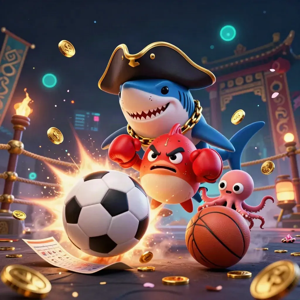 Pirate shark, boxing pufferfish, and juggling octopus amid sports props and gold coins.