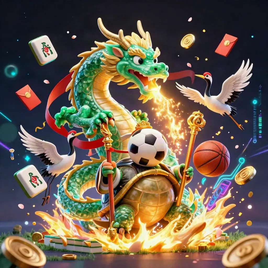 Emerald dragon, turtle sage, and cranes amid flying balls, tiles, lanterns, and gold sparks.