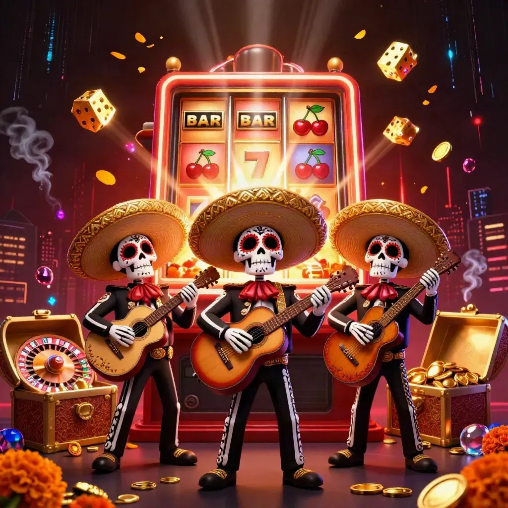 Skeleton mariachi trio amid bursting slot machine gold, neon casino rays, and a smoky chandelier room.
