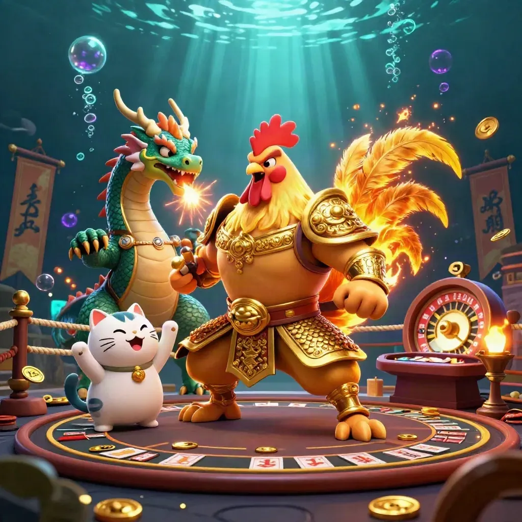 Rooster warrior, dragon hatchling and fortune-cat amid casino relics and underwater glow
