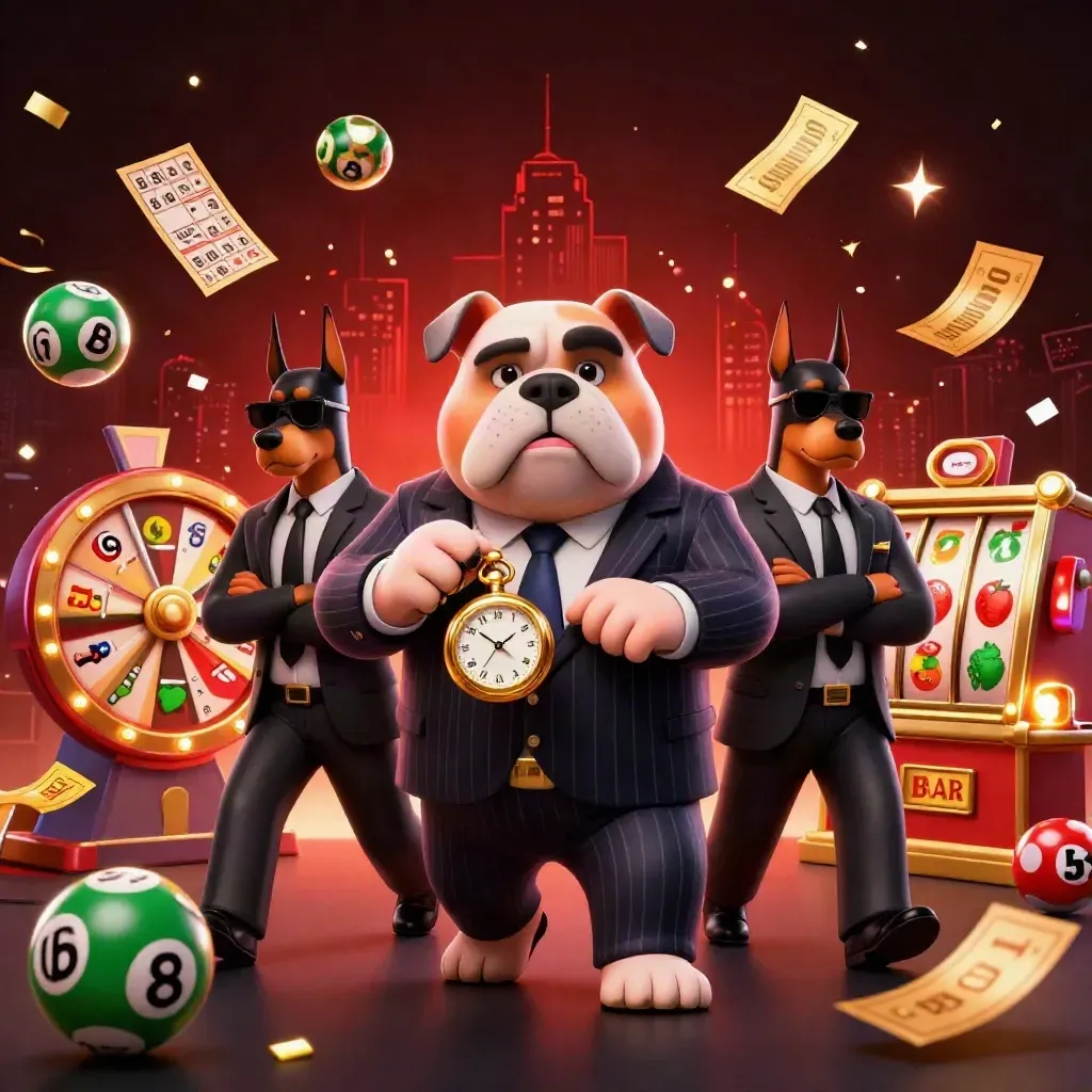 Bulldog mafia boss with Doberman guards amid casino prizes, confetti, fireworks, and neon glow.