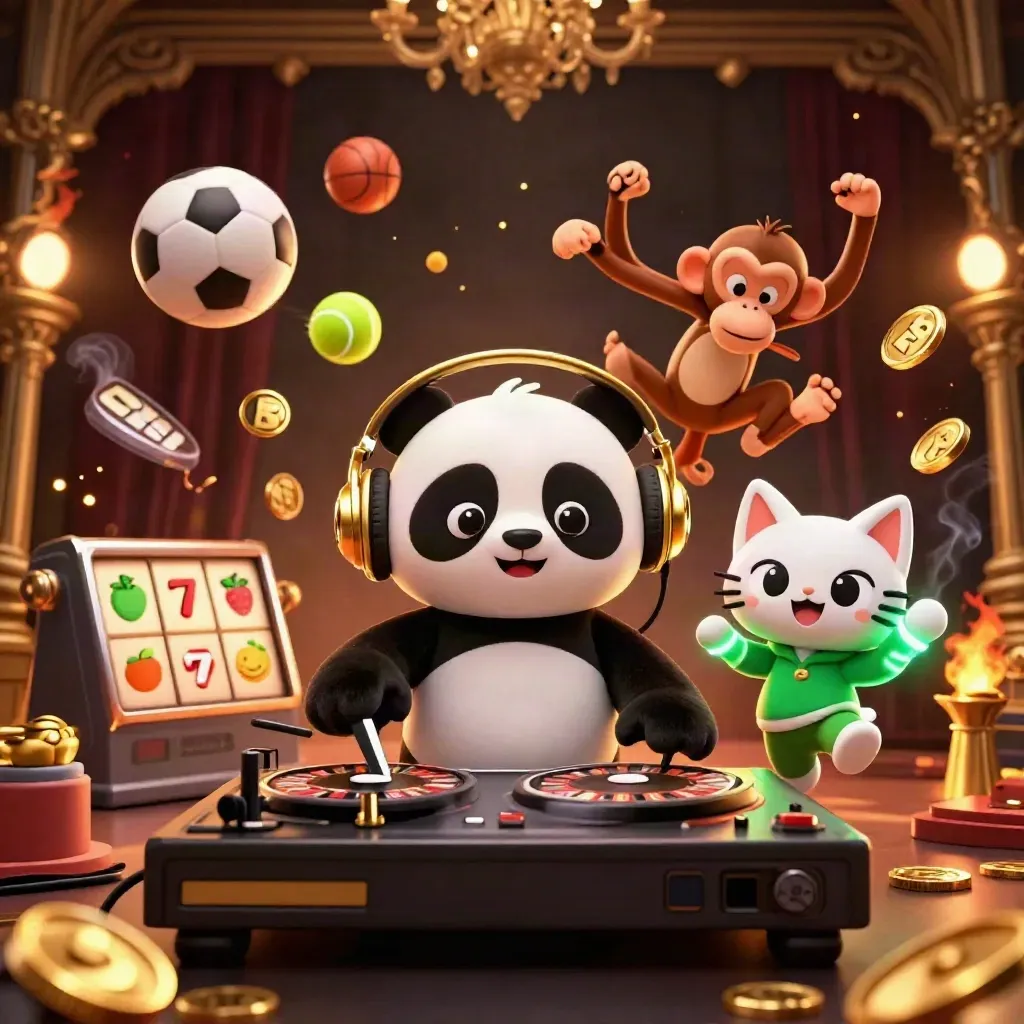 DJ panda, dancing monkey, and rave kitten burst with coins, balls, trophy, and casino flair.