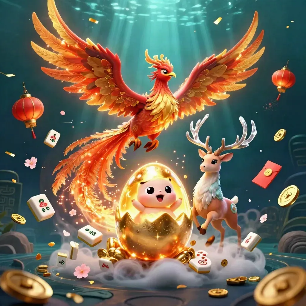 Phoenix, baby phoenix, and crystal stag amid gold coins, petals, and runes in dark teal glow