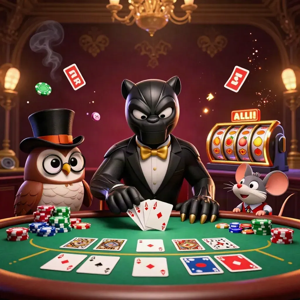 Panther, owl, and mouse play cards amid chips, reels, sparks, and luxe casino lighting.