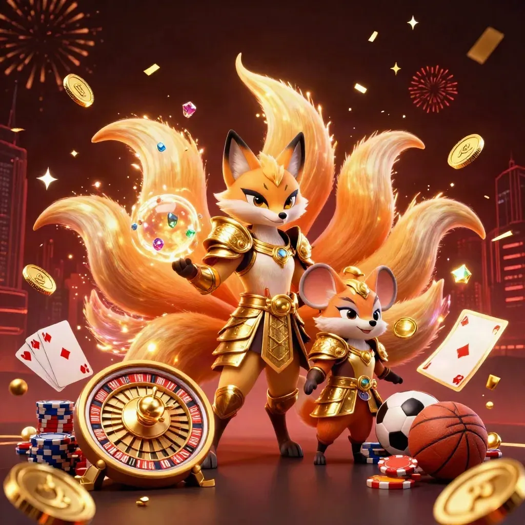 Nine-tailed fox spirit and samurai mouse amid exploding casino treasure, coins, cards and fireworks