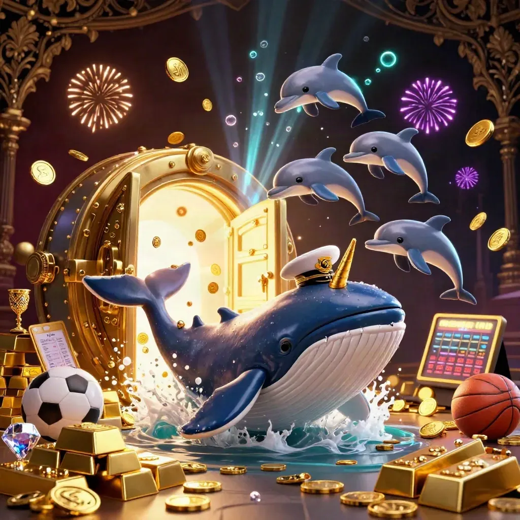 Whale, narwhal and dolphins erupt from coins around a glowing vault in luxe casino lighting.