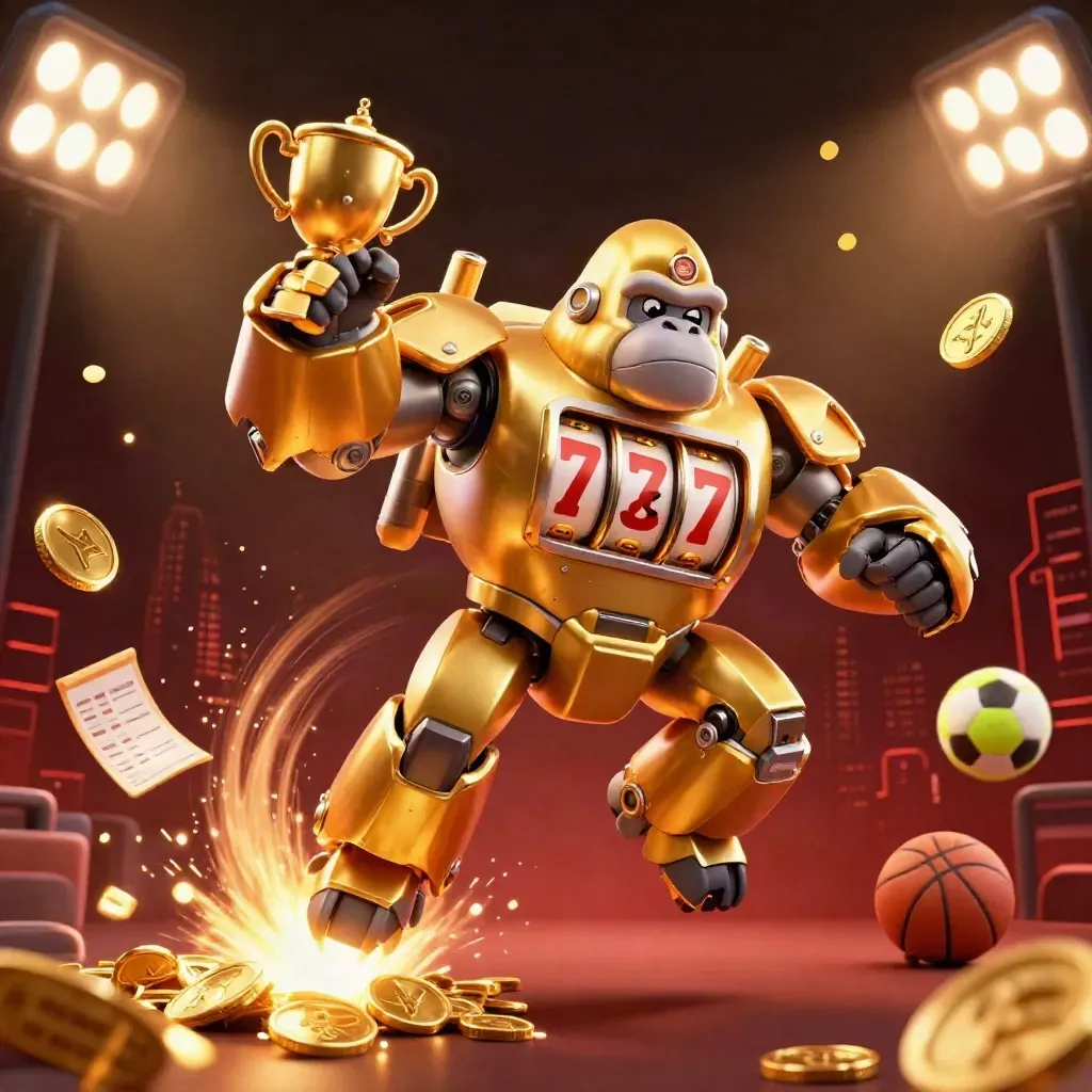 Golden gorilla mech, tiny monkey pilot, coins, trophy, sports balls and fireworks on dark casino backdrop