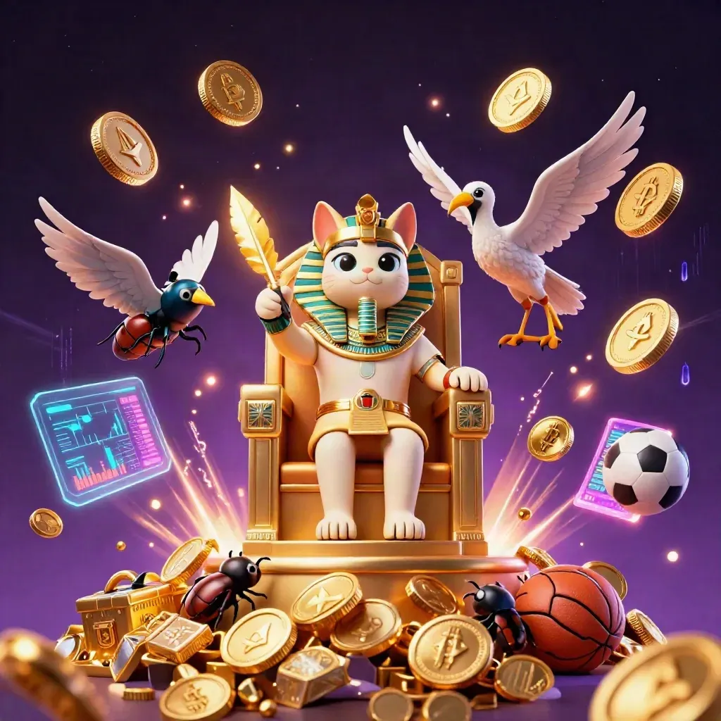 Pharaoh cat, ibis scribe and gem-winged scarabs amid coins, crypto icons and fireworks.