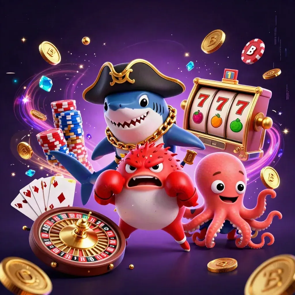 Pirate shark, boxing pufferfish and juggling octopus amid casino coins, cards and neon magic.