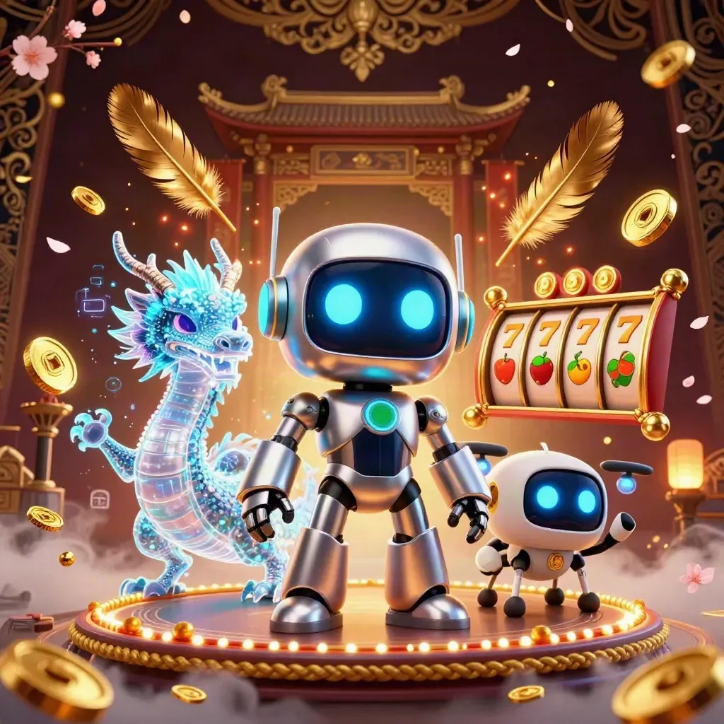 Cyberpunk robot, holographic dragon and coin drone amid gold coins, temple gate and slot symbols.