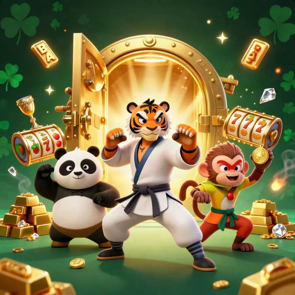 Kung-fu tiger, panda, and monkey amid vault gold, reels, and torch-lit casino magic.