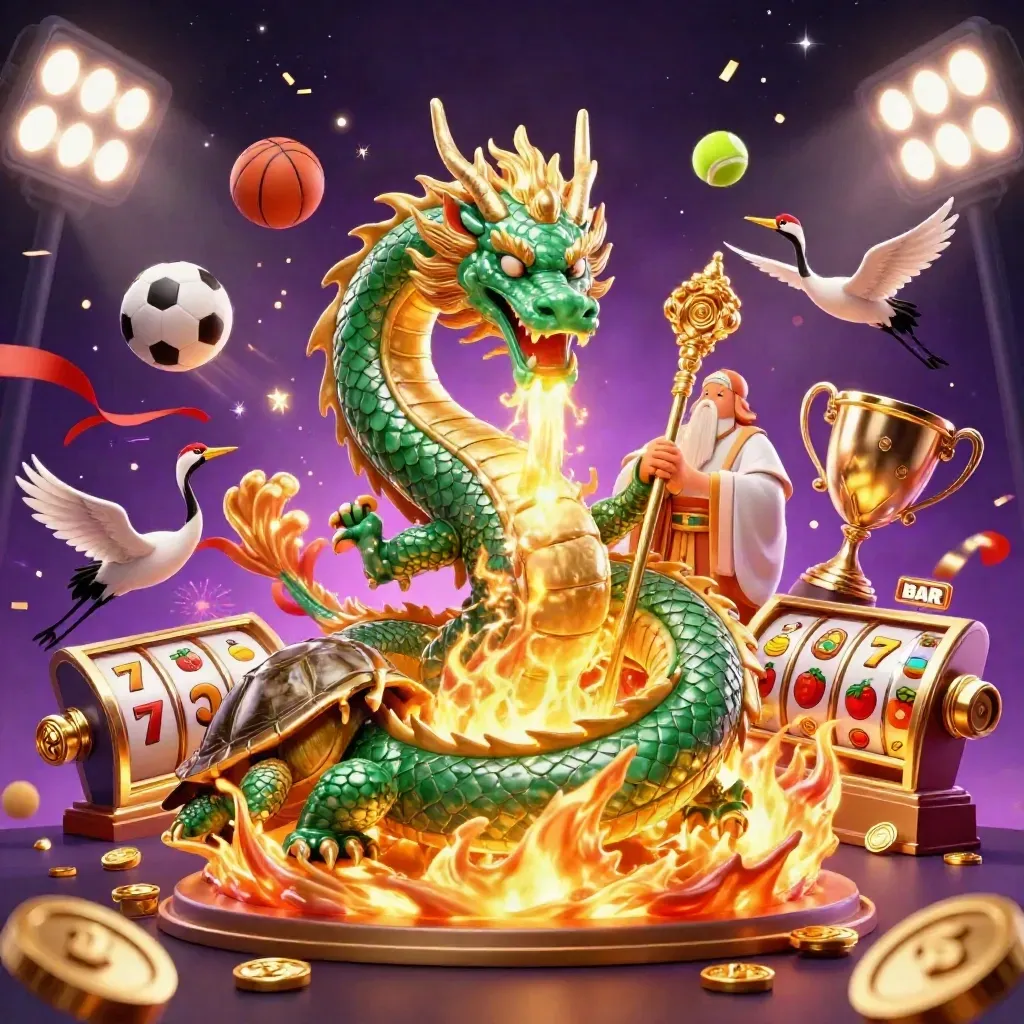 Emerald dragon, turtle sage, and cranes amid casino and sports icons on a dark starry backdrop.
