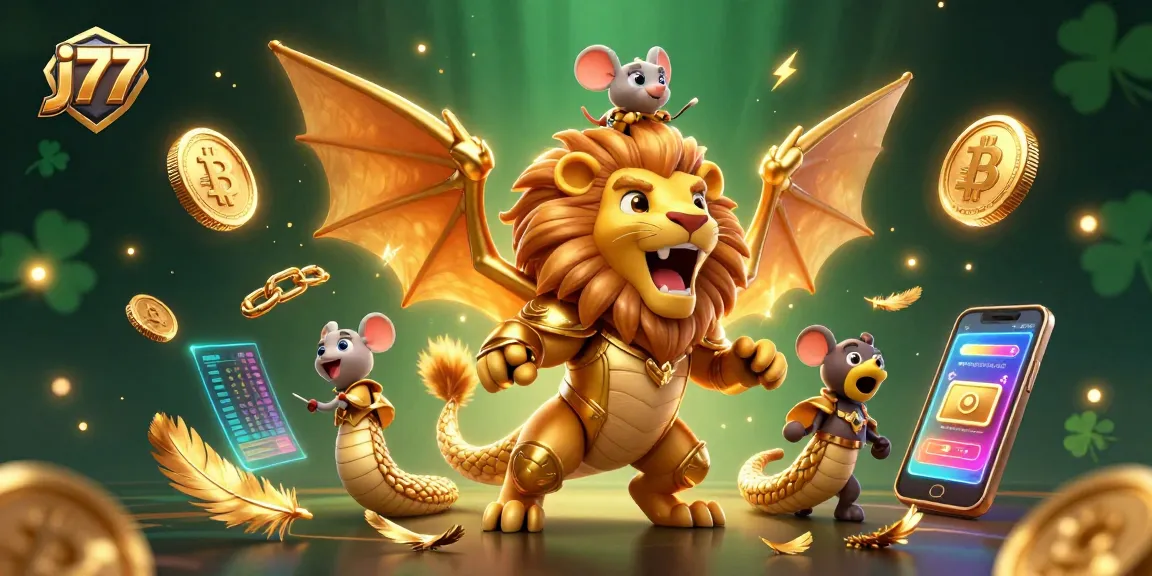 Win big at j77 with a triumphant chimera creature and crypto elements in a vibrant casino scene.