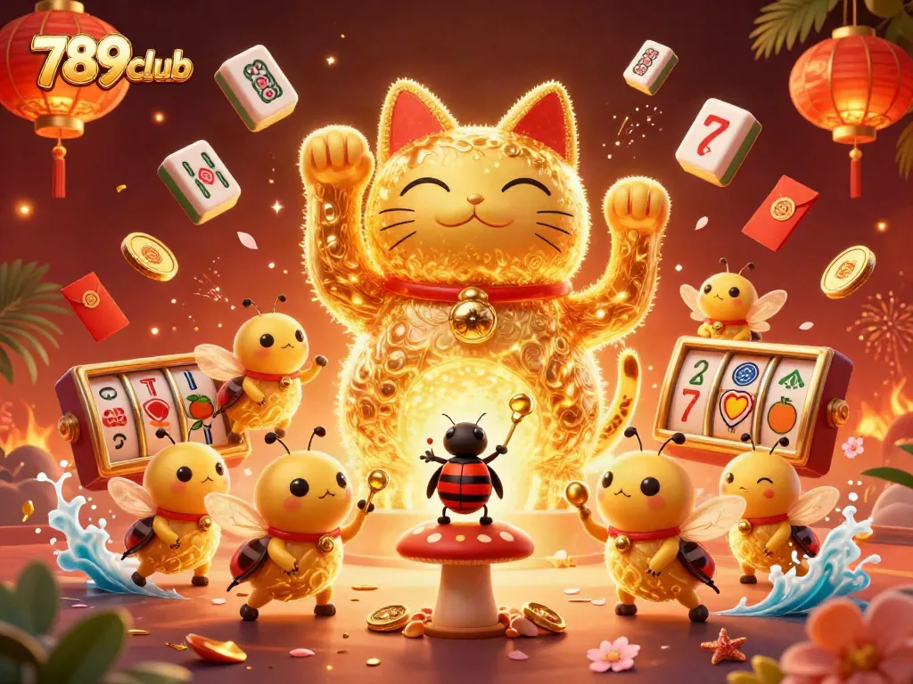 Engage with vibrant 789club casino elements featuring a lucky cat and animated game symbols.