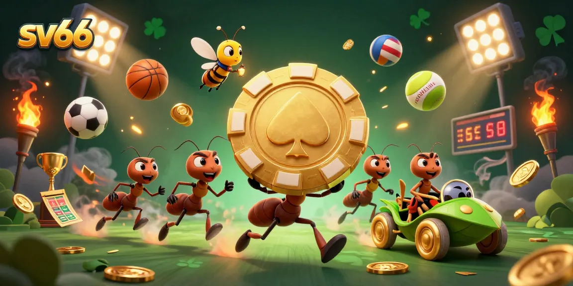 Ants carry a giant golden poker chip for sv66, framed by dynamic sports elements and vibrant casino imagery.
