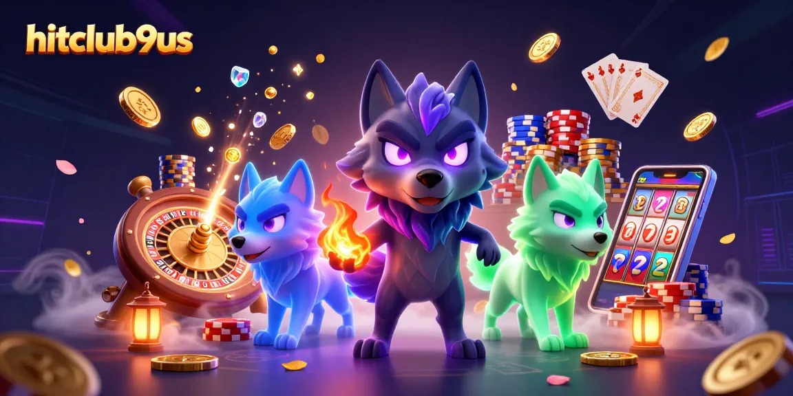 Hitclub9us showcases a dynamic scene with a spectral wolf leader surrounded by gaming elements.