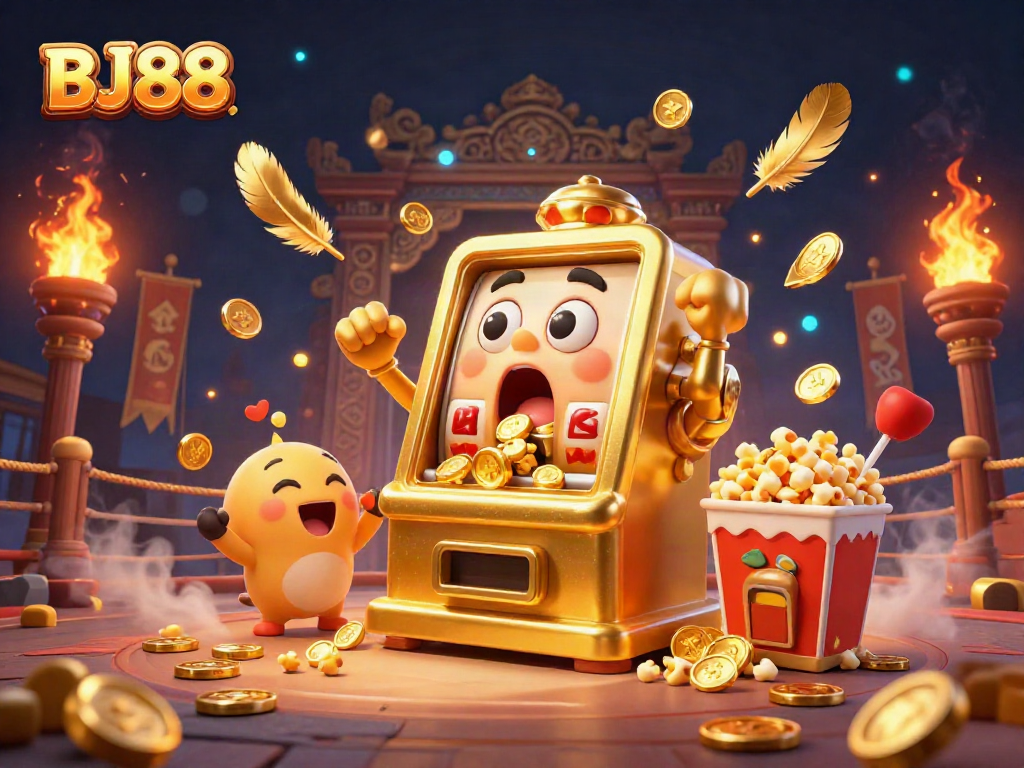 Engage with BJ88's thrilling jackpot scene featuring vibrant cartoon slot machines celebrating a big win.