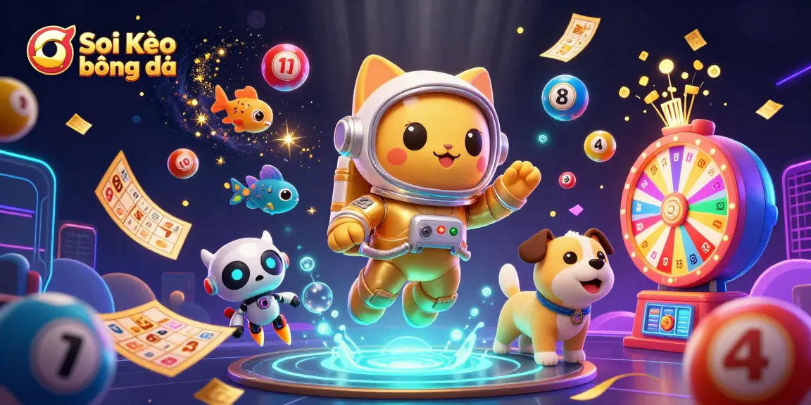 Soi Kèo bóng đá highlights thrilling moments with a cat astronaut, robot dog, and dynamic gaming elements.