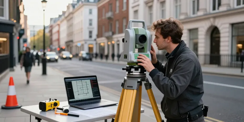 3D Laser Scanning London scene with surveyor using advanced equipment in urban setting