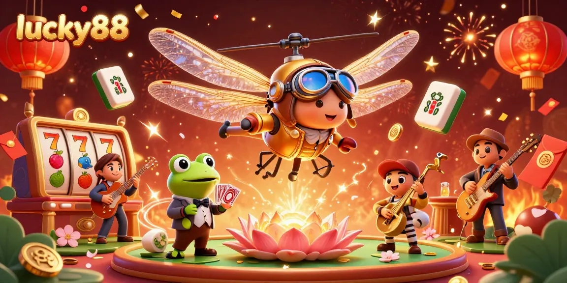 Play exciting slot reels in a vibrant lucky88 casino atmosphere with colorful characters and details.