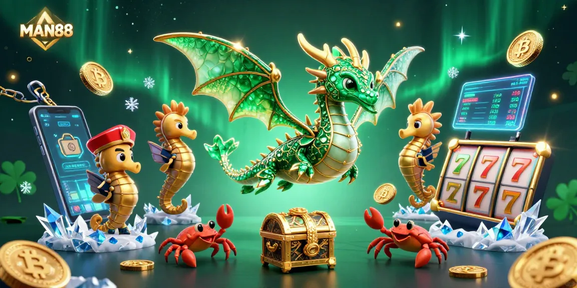 Experience gaming excitement with MAN88's vibrant 3D casino illustration featuring vibrant characters and crypto elements.