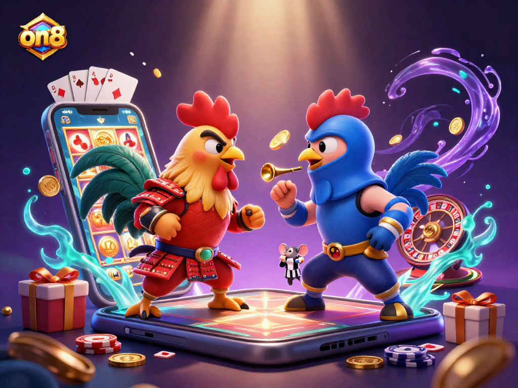 Engage with on68 as fighting roosters battle in a thrilling casino showdown amidst vivid gaming elements.