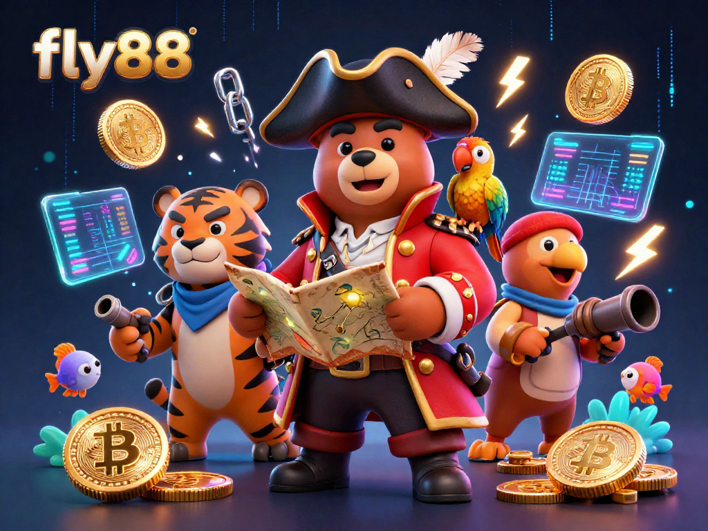 Experience thrilling adventures with fly88 in a dynamic pirate-themed casino scene featuring crypto and underwater gaming.