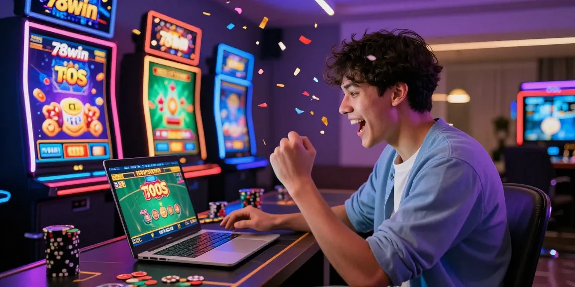 Excited player celebrating a win with 78win gaming interface on laptop and colorful promotional graphics.