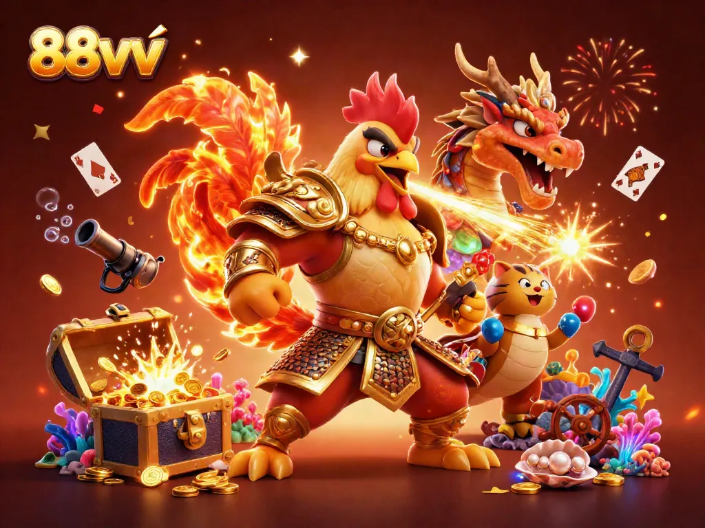 Experience the thrill of 88vv with a dynamic 3D scene featuring warrior characters and treasure elements.