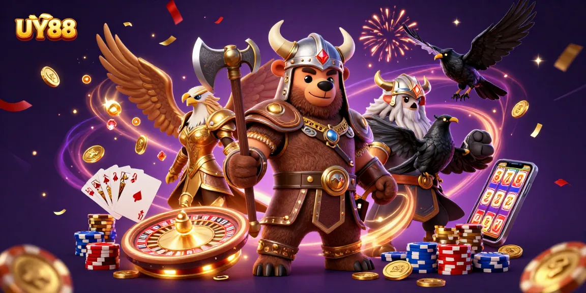 Engage with UY88 as cartoon Viking bear and Valkyrie eagle celebrate a casino win.