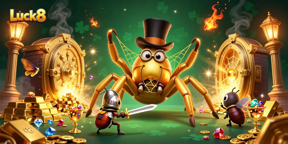 Experience Luck8's vibrant casino scene with a golden tarantula and knight amid dazzling treasures.