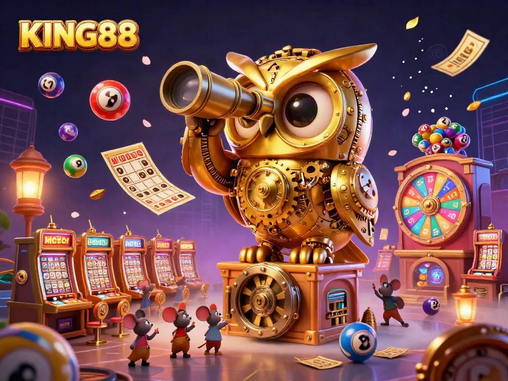 Experience the vibrant casino scene with KING88's golden owl amid lively game elements.