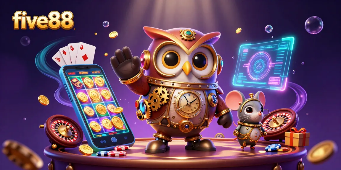 Engage with five88 casino's exciting atmosphere featuring a whimsical owl and mouse, showcasing vibrant gaming elements.