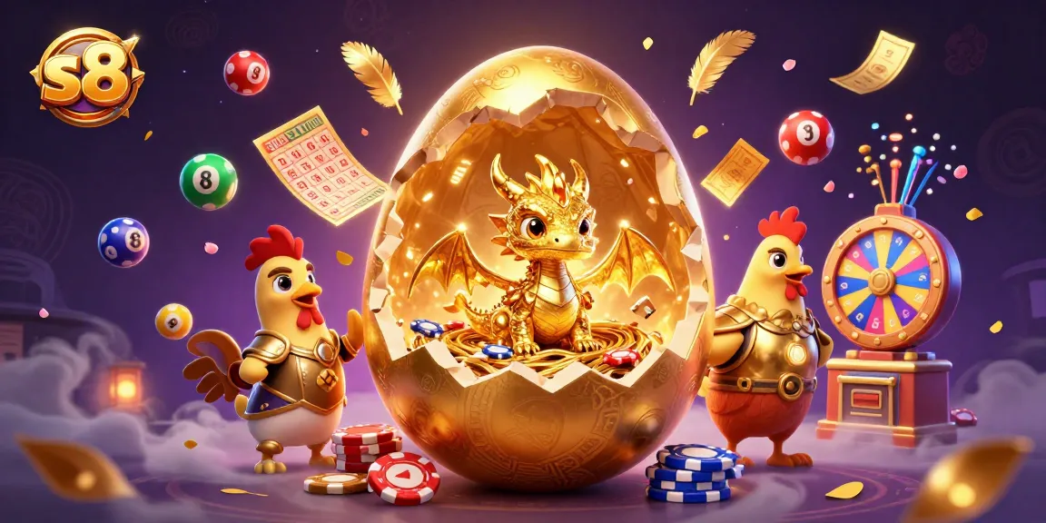 Experience the thrill of s8 with a golden dragon guarding poker chips amidst vibrant lottery elements.