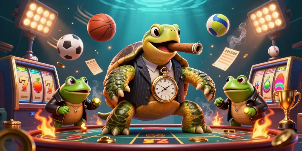 Engaging scene featuring a slot-themed turtle mobster and bullfrog enforcers surrounded by colorful slot game elements.
