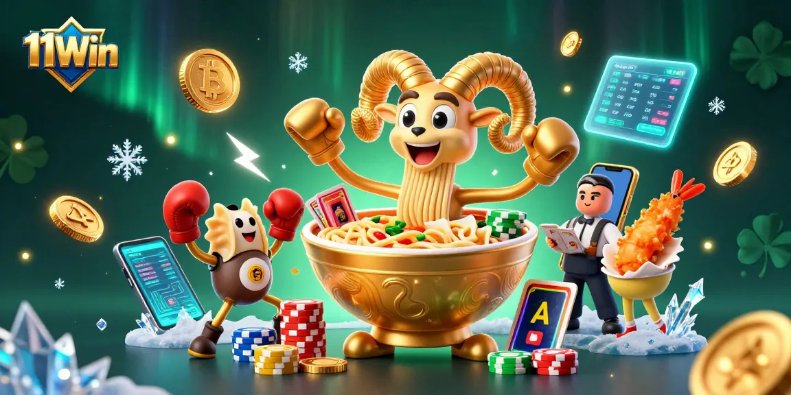 Experience 11Win with vibrant casino-themed characters and crypto elements in a dynamic 3D scene.