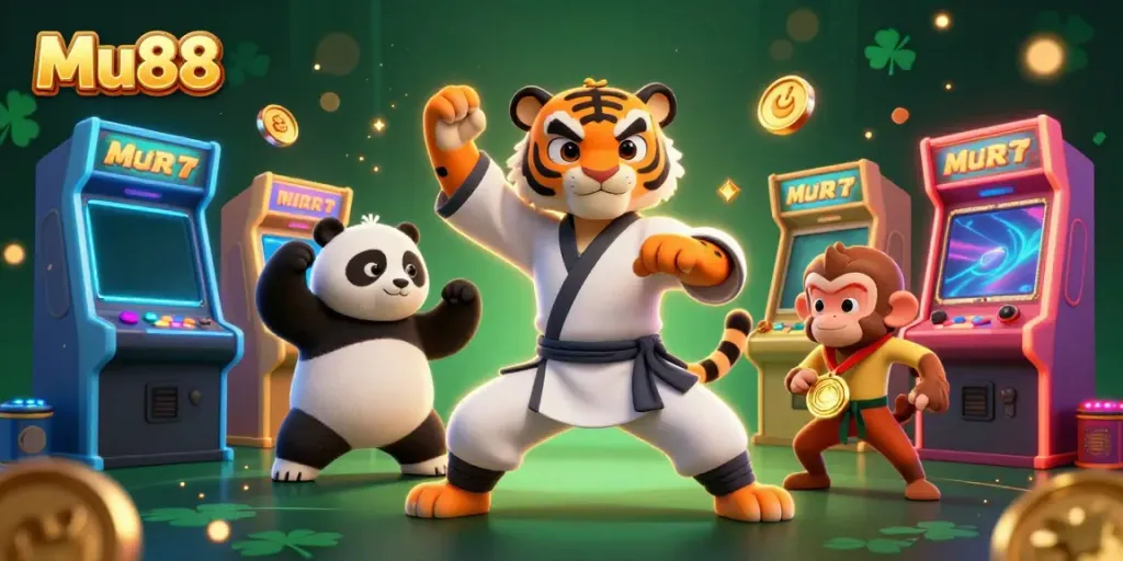 Experience the thrill of Mu88 with cartoon characters engaging in gaming amidst vibrant casino elements.