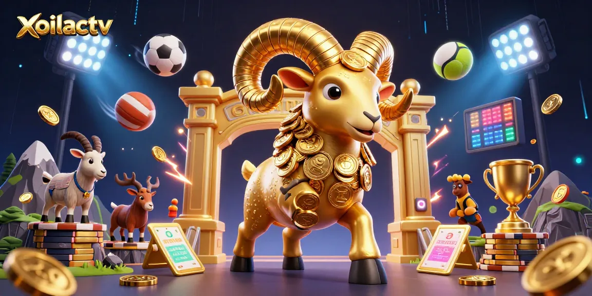 Xoilactv showcases a vibrant scene of sports betting with golden ram and dynamic sports elements.
