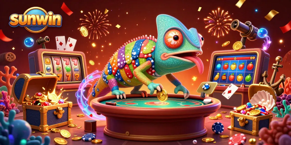 Experience sunwin's thrilling casino atmosphere with a vibrant 3D chameleon character and dynamic gaming elements.