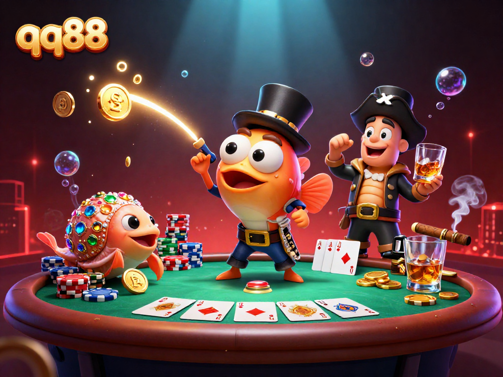 Experience thrilling gameplay at qq88 with cartoon characters amid a vibrant casino scene packed with action.