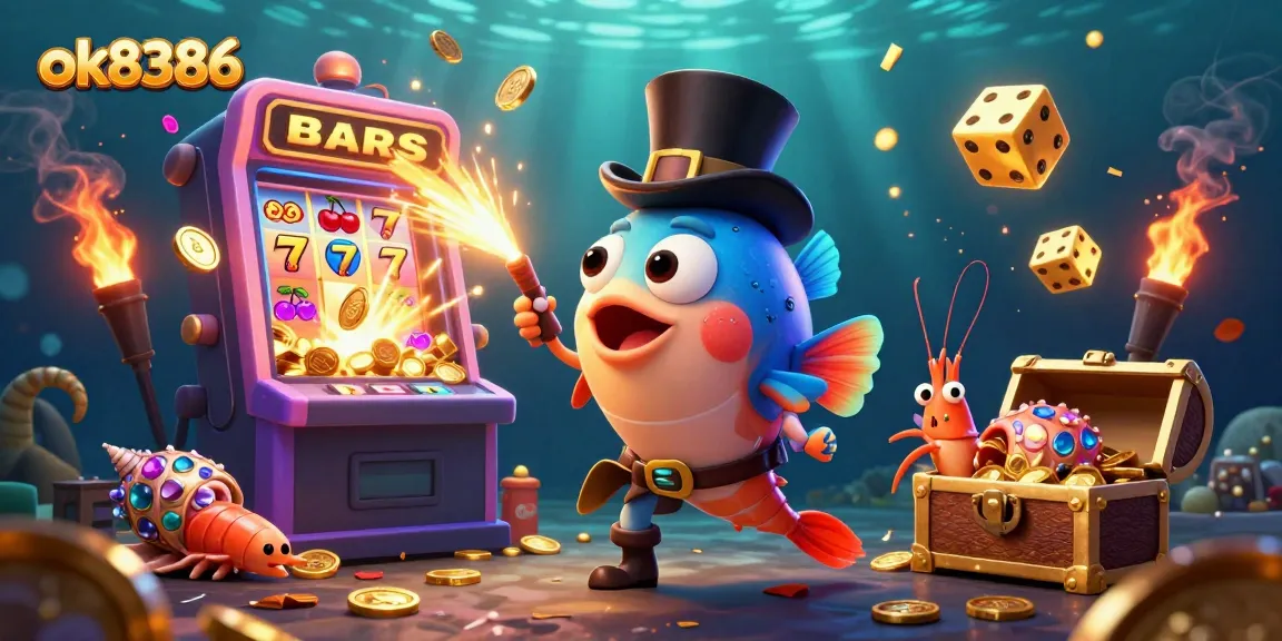 Spin the reels with ok8386's vibrant slot machine, featuring a glowing anglerfish and treasure-filled characters.
