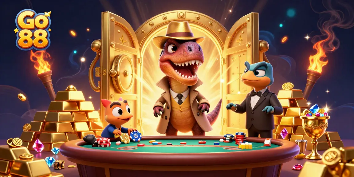 Engage with Go 88 in an exciting 3D casino scene featuring vibrant elements, characters, and treasure.