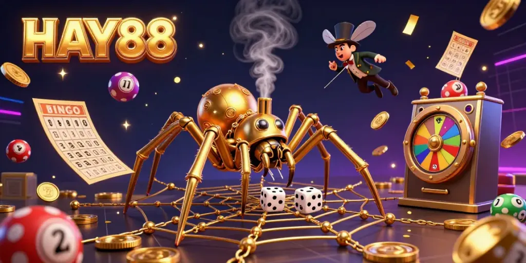Experience the excitement of HAY88 with a dynamic scene of steampunk elements and casino games.