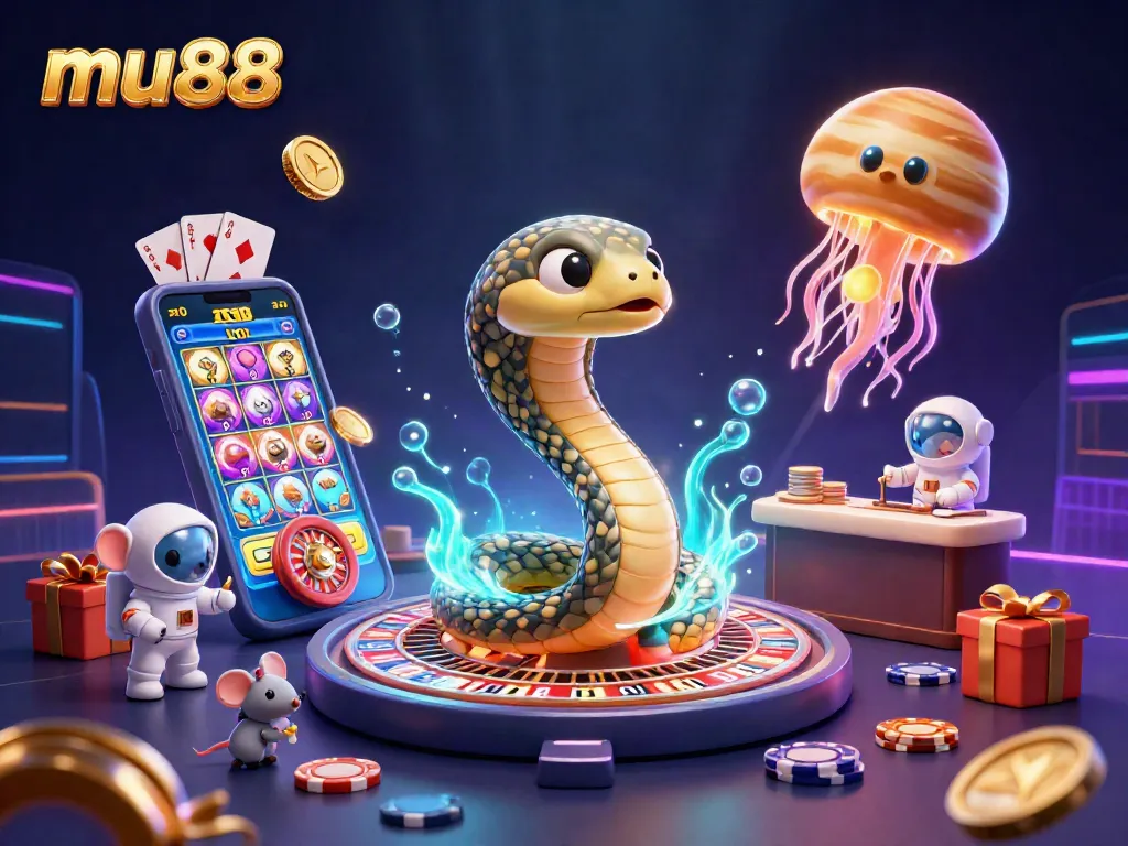 mu88 players engage in cosmic betting with a Saturn ring snake and jellyfish dealer in vibrant 3D space