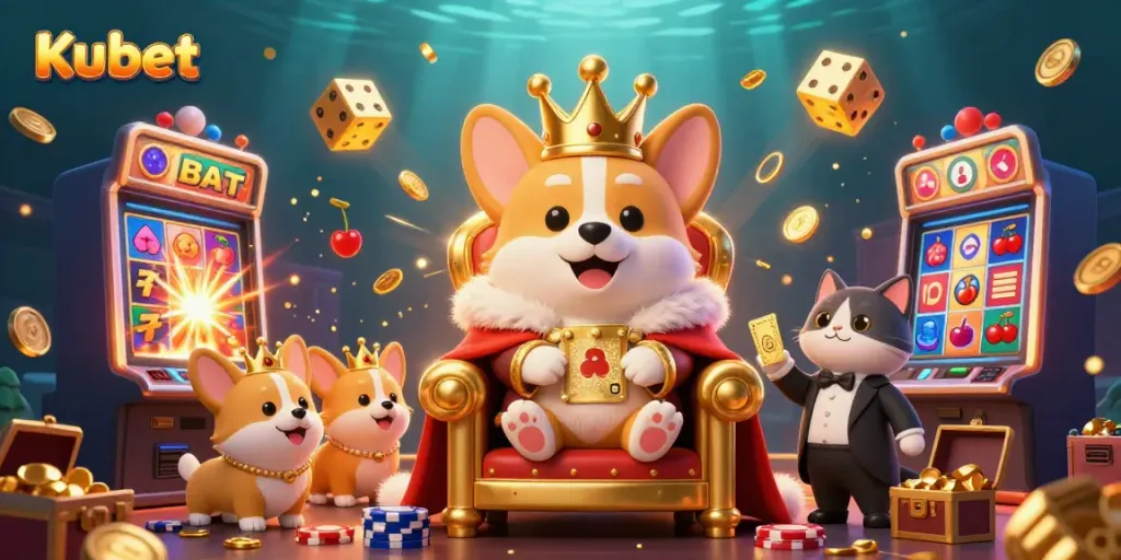 Feel the thrill with Kubet's 3D cartoon illustration of a royal corgi casino experience surrounded by games and excitement.
